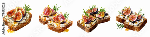 Watercolor set of sandwiches with cream cheese and figs. Snack toasts on rye bread with soft cheese, fresh figs and drizzled with honey. Festive snacks. Vector illustration.
