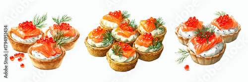 Set of festive appetizers with watercolor red fish. Waffle tartlets with cream cheese, salmon, red caviar and herbs. Appetizers for the Christmas and festive table.