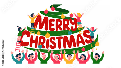 Christmas Cheer & Festive Spirit: Joyful individuals gather around a whimsical Christmas tree, adorned with vibrant ornaments and the cheerful greeting Merry Christmas.