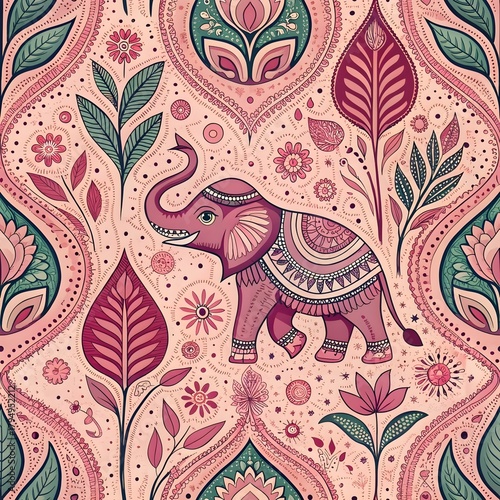 Enchanting elephant amidst intricate floral patterns, a whimsical design perfect for textiles, wallpaper, or adding a touch of bohemian charm to any project
