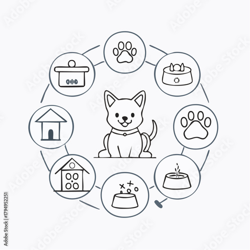 Adorable cartoon dog surrounded by icons representing pet care needs food bowls paw prints and shelters for a happy healthy companion