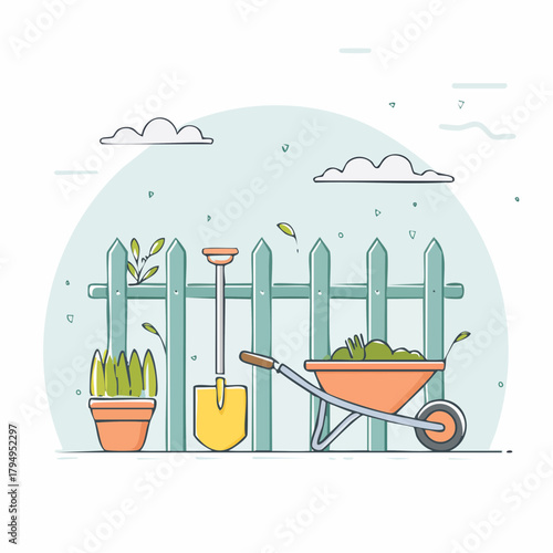 Gardening tools including a wheelbarrow full of soil and a shovel near a fence with potted plants create a charming scene