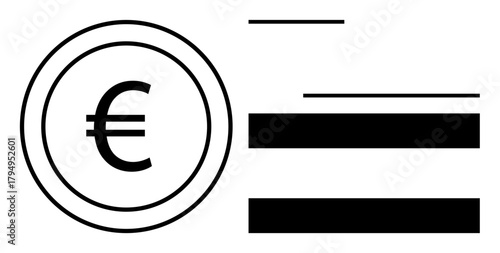 Euro symbol enclosed in a circle beside horizontal bars in a minimalist layout. Ideal for finance, business, economics, trading, accounting, wealth management, budgeting. Simple flat metaphor