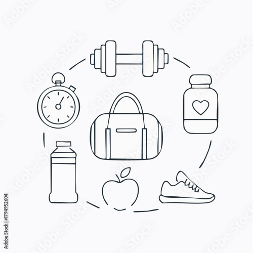 Dynamic fitness elements arrange in circle, showcasing workout essentials for a healthy lifestyle journey