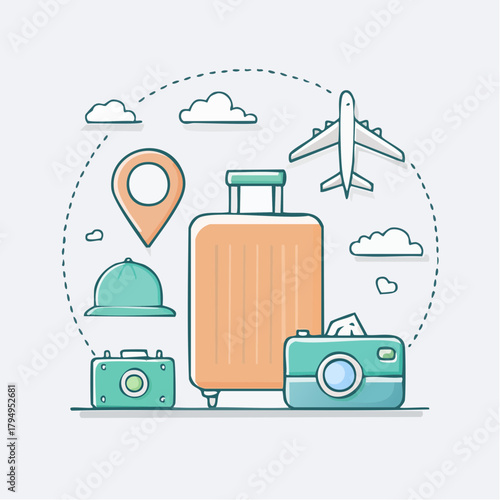 Embark on your next adventure with essential travel gear including a suitcase, cameras, hat, and airplane for exciting journeys.
