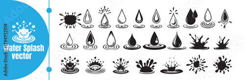 Black and White Water Drops, Rain, and Crown Splash Icons