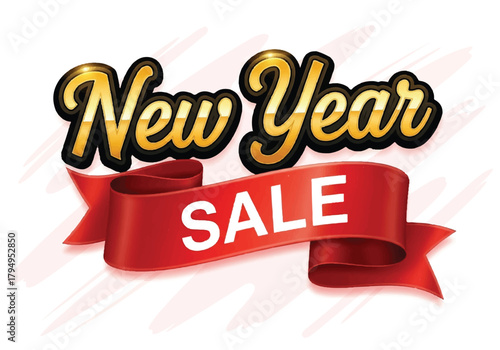 Festive new year sale design with golden lettering and red ribbon, perfect for holiday promotions and attracting customers