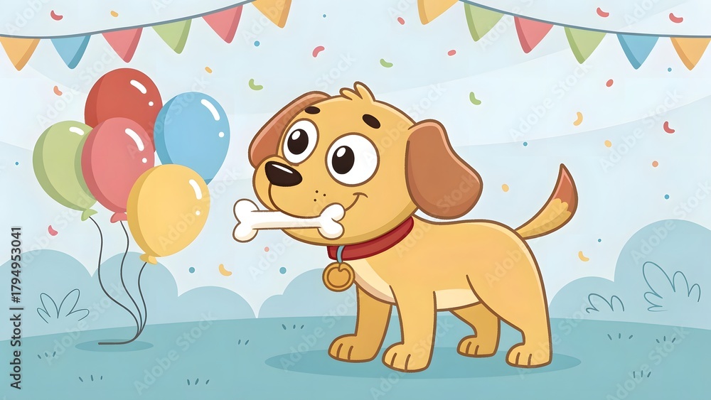 Obraz premium Adorable cartoon dog celebrating a fun birthday party with balloons and a bone, perfect for kid's themes