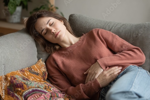 Female with abdominal pain resting on couch at home