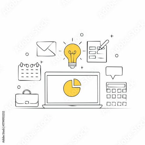 Brilliant business idea sparks innovation with laptop charts calendar and calculator for modern strategy success