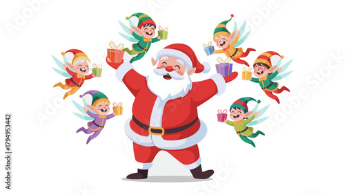 Christmas Cheer: Santa Claus, the jolly icon of the season, surrounded by playful elves, each bearing gifts, radiates joy and the spirit of giving.