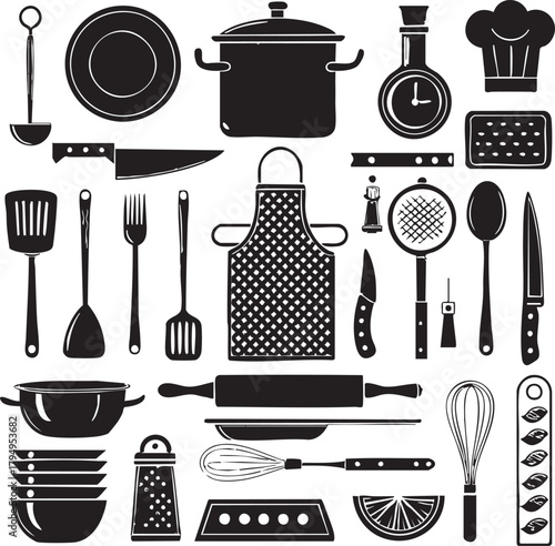 "Kitchen Utensil Silhouette Icon Set – Cooking Tools, Chef Hat, Cutlery, Bowls, Apron, and Food Prep Essentials"