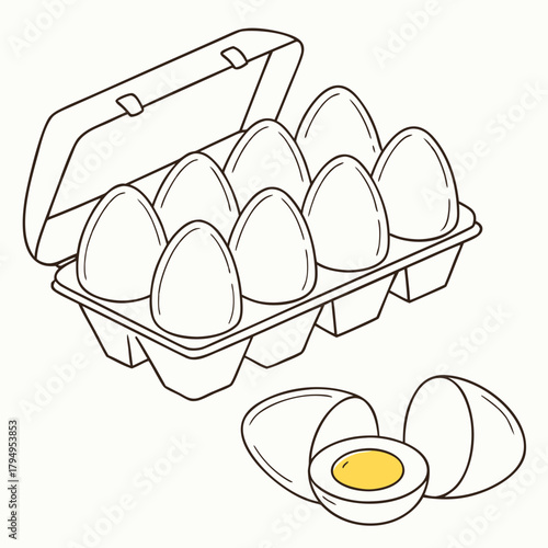 Carton of Eggs with Two Halved Eggs and One Whole Egg on White Background Keywords: egg, eggs, carton, egg carton, food, breakfast, protein, organic, farm, fresh, white, dozen, half, whole, yolk