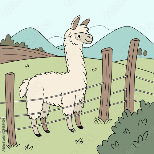 Cartoon llama standing in a fenced pasture with rolling hills and trees in the background Keywords: llama, animal, farm, pasture, fence, rural, countryside, nature, grass, field, hills, trees, sky
