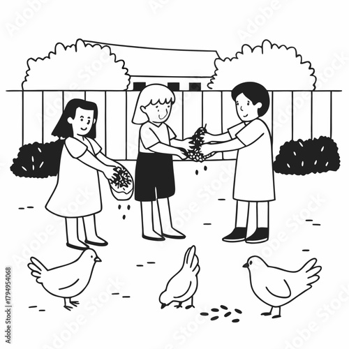 Children Feeding Chickens in a Backyard kids vector