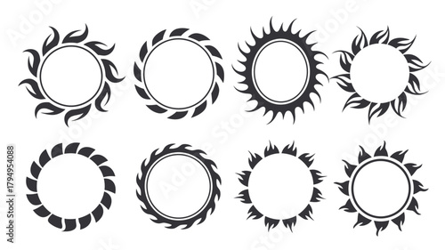 Tribal gothic frames with fantasy Y2K ornament borders, featuring neo-gothic black shapes, abstract fire flame lines and sharp spike branches for tattoo or Halloween design.