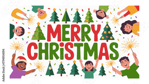 Festive Joy: Illustration of Merry Christmas with Kids and Holiday Elements, capturing the spirit of winter holiday and kids joy.