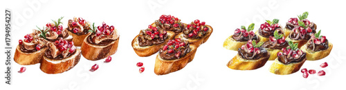 Watercolor set of exquisite bruschetta with white bread, pate and pomegranate.. Filling of meat pate decorated with fresh pomegranate seeds and herbs. Appetizer for a buffet.
