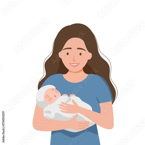 Mother holding her baby. Pregnancy and breastfeeding concept. Mom and child in warm clothes. Vector illustration love, care, and family bonding for parenting blogs, greeting cards, and nursery prints.