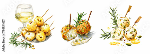 Watercolor illustration of cheese balls fries with rosemary sprigs and a glass of white wine. Cheese balls fries in breadcrumbs, decorated with rosemary sprigs. Wine appetizer.