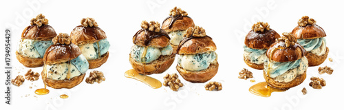Watercolor set of profiteroles. Shu rolls filled with a creamy blue cheese filling. The pastries are decorated with walnuts and drizzled with honey. Delicate desserts. Vector illustration.