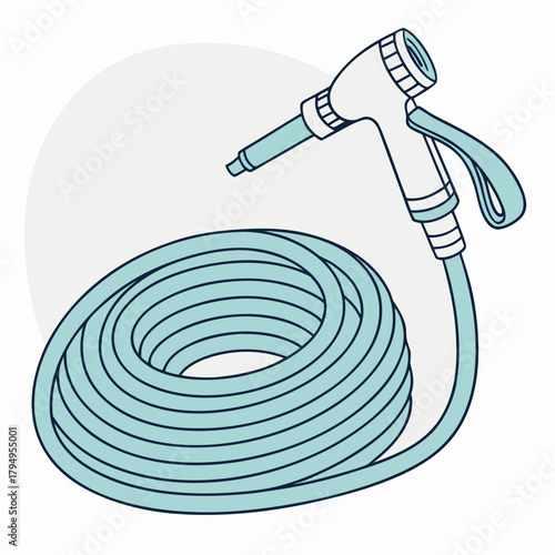 Garden hose and spray nozzle coiled on a white background with a light gray circle Keywords: garden hose, water hose, spray nozzle, coiled hose, watering, gardening, outdoor, tool, equipment