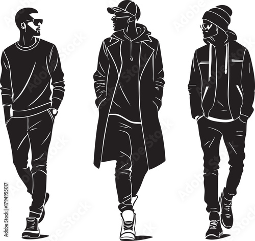 "Streetwear Silhouette Icon Set – Urban Fashion, Hoodies, Coats, Sneakers, and Casual Walking Poses"