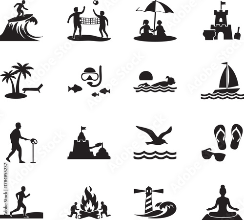 "Beach and Summer Silhouette Icon Set – Surfing, Volleyball, Sunset, Snorkeling, Hammock, and Coastal Activities"