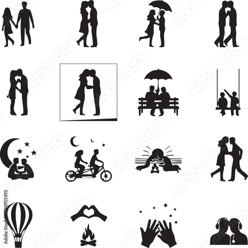 "Romantic Couple Silhouette Icon Set – Love, Affection, Travel, Sunset, and Relationship Moments"