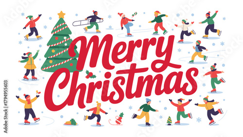 Festive Christmas Fun: A joyous illustration of a winter wonderland, where people celebrate Christmas, decorated with a Christmas tree.