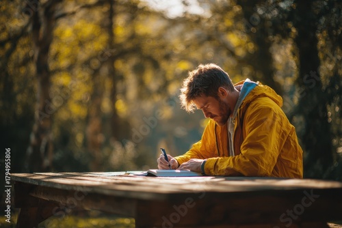 Attractive young man outdoors in the forest writing a book and taking notes at a wooden table
