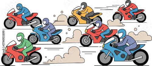 Multiple Racers On Colorful Motorcycles In Dynamic Race Scene With Dust Clouds And White Background