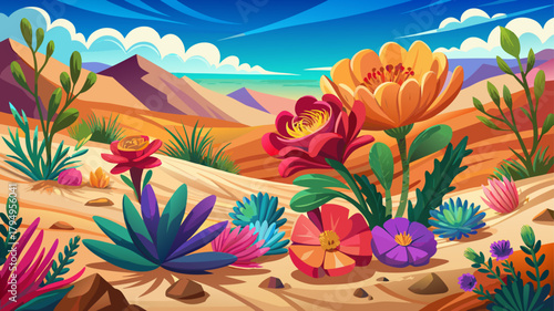 Very beautiful vibrant desert blooms with colorful flowers flourishing in the sand, featuring delicate petals, warm desert tones, and resilient plants thriving in arid terrain, capturing the striking 