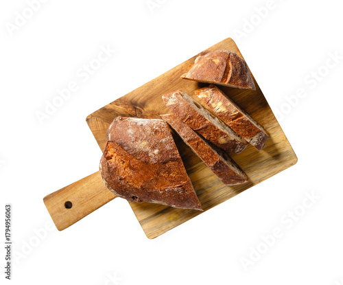 Artisan bread slices wooden board angled transparent background PNG mockup design