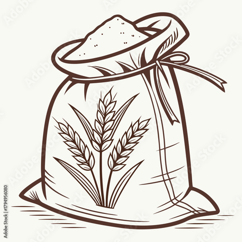 Line art drawing of a burlap sack filled with flour and wheat stalks grain