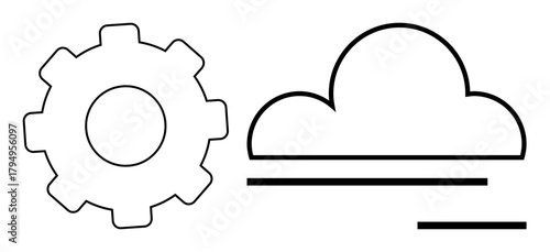 Gear and cloud icons representing integration of cloud technology and machinery. Ideal for innovation, technology, systems, cloud computing, integration, digitalization, and industry. Simple flat