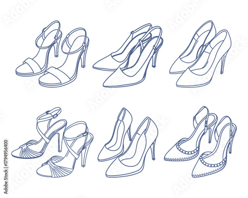 Collection of elegant womens high heels shoes. Sketch.