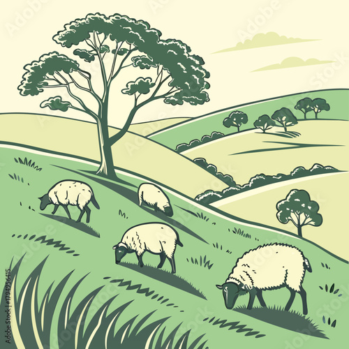 Pastoral landscape with sheep grazing on rolling green hills under a stylized tree Keywords: sheep, grazing, pasture, meadow, rolling hills, green, landscape, nature, rural, countryside, farm