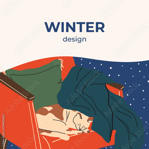 Square vector card, poster: a cozy winter evening with falling snow and a cat sleeping under a blanket. Copy space. Flat vector illustration