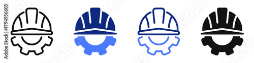 Vector icon or logo of protective hard hat with cogwheel related to construction industry and real estate, architecture and machinery. Symbol for website or app UI, logo design, illustration
