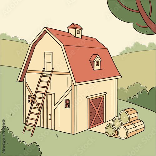 Rustic barn with ladder and hay bales in a pastoral landscape Keywords: barn, farm, building, rural, countryside, agriculture, hay, straw, bales, ladder, wooden, structure, roof, door, window