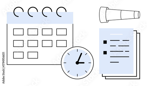 Calendar, clock, telescope, and documents emphasizing scheduling, productivity, organization, and goal setting. Ideal for planning deadlines vision time management focus prioritization. Simple