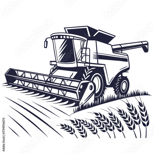 Silhouette of a combine harvester working in a wheat field with stalks of wheat in the foreground Keywords: combine harvester, agriculture, farming, wheat field, harvest, grain, machinery, rural