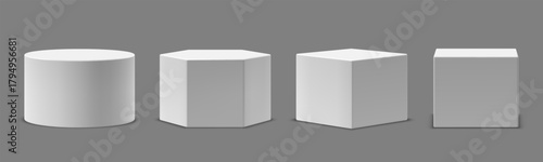 Vector collection of white pedestals or platforms of different shape for product presentation. Realistic and minimalist mockup or template