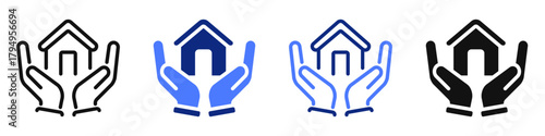 Vector icon or logo of house in hands related to real estate and rent, construction, purchasing and selling a home. Symbol for website or app UI, logo design, illustration