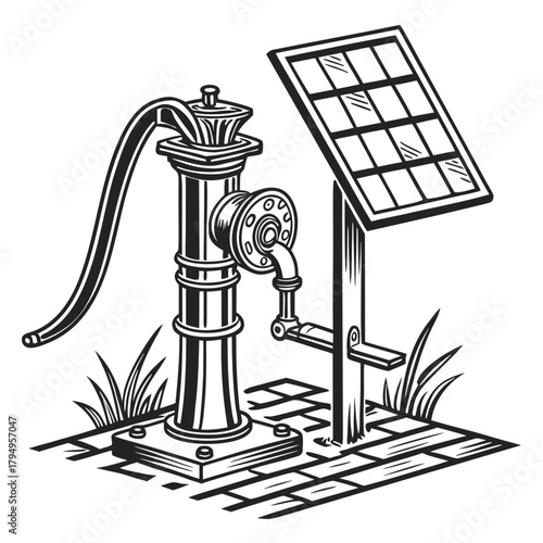Vintage Hand Water Pump with Solar Panel Illustration Keywords: water pump, hand pump, solar panel, well, water, technology, energy, renewable, vintage, retro, illustration, black and white, grass