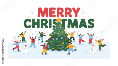 Festive Christmas Celebration: A joyous scene unfolds as people gather around a decorated Christmas tree, filled with merriment and delight, celebrating the holiday spirit.