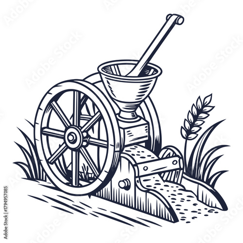 Vintage illustration of a hand-cranked grain thresher with a wheat stalk Keywords: grain thresher, agricultural machinery, vintage, retro, antique, farming, harvest, wheat, grain, seeds