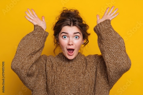 Attractive young woman in a cozy sweater isolated joyfully celebrating success with arms up and wide eyed