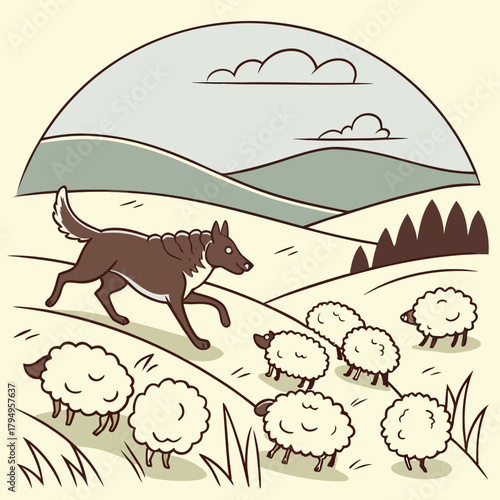 Wolf Chasing Sheep in a Rolling Hills Landscape Keywords: wolf, sheep, flock, herd, chasing, running, predator, prey, farm animals, livestock, countryside, rural, landscape, hills, rolling hills
